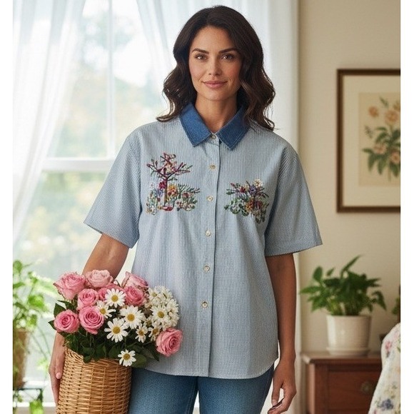 Casey & Max Tops - Casey & Max Embroidered Striped Shirt XL Blue Cottagecore Denim Collar Vintage